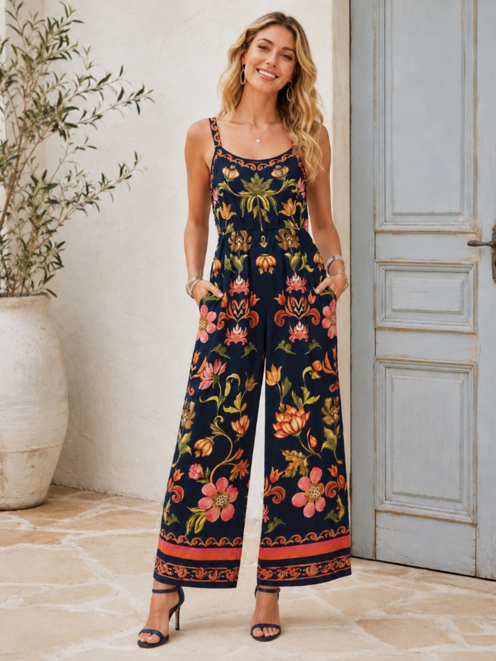 BloomChic Flowy Tropical Flowers Print Pockets Cami Jumpsuit, Size 14/16
